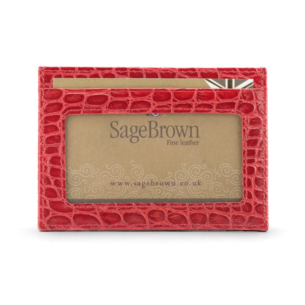 Flat leather card wallet with ID window, red croc, front