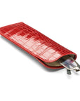 Large leather glasses case, red croc, open