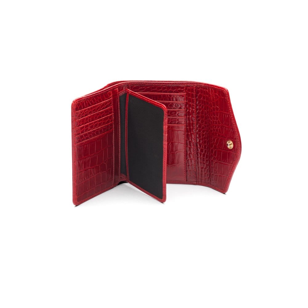 Large leather purse with 15 CC, red croc, inside