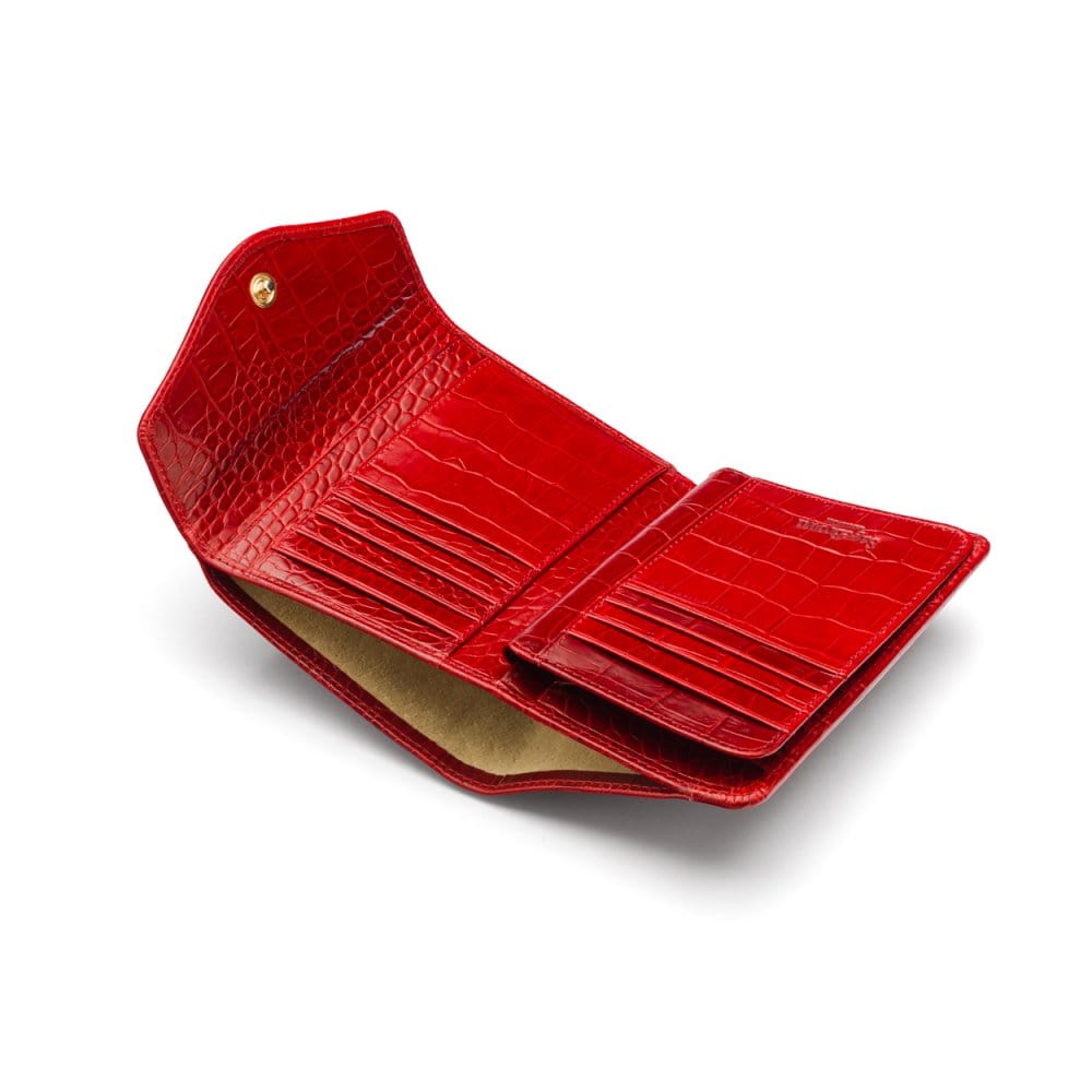 Large leather purse with 15 CC, red croc, open
