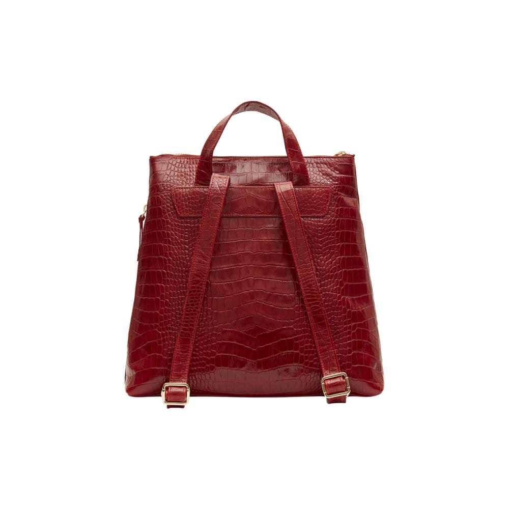 Leather 13" laptop backpack, red croc, back view