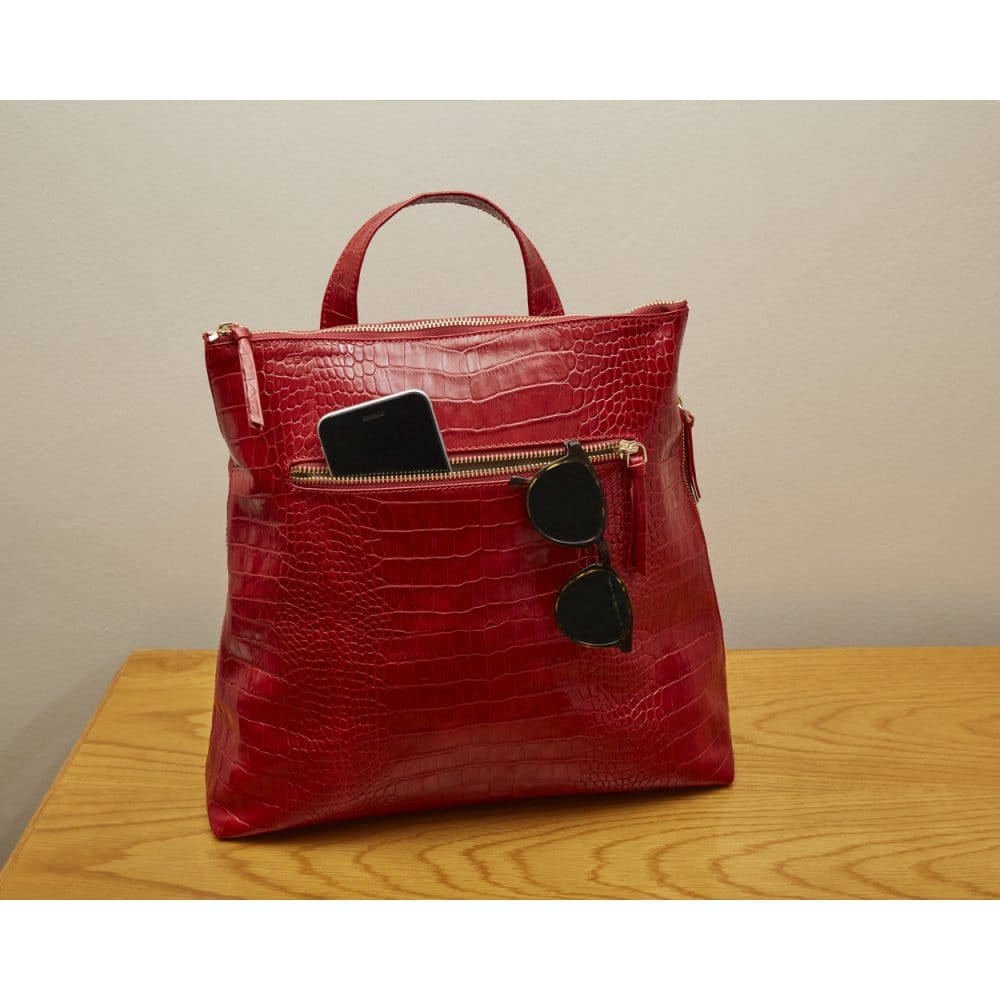 Leather 13" laptop backpack, red croc, lifestyle