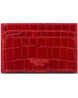 Flat leather credit card holder with middle pocket, 5 CC slots, red croc, back