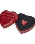 Leather heart shaped jewellery box, red croc, open
