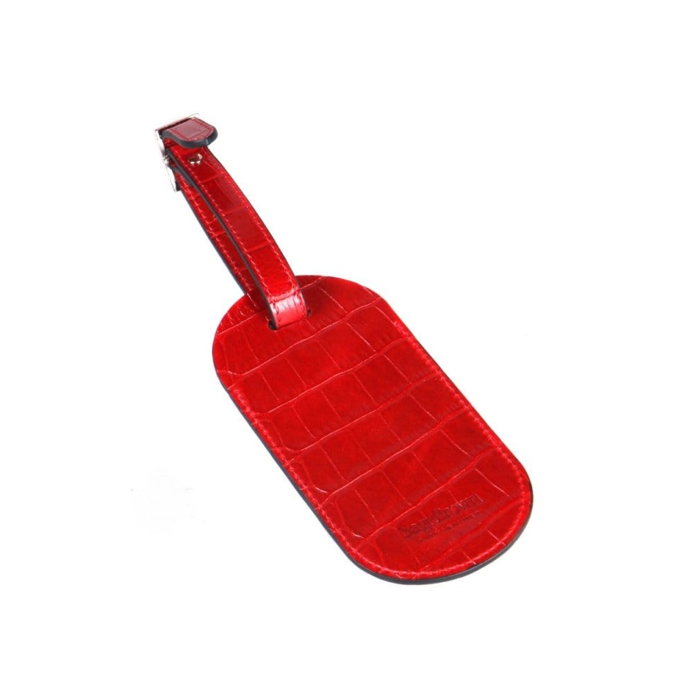 Leather luggage tag, red croc, back