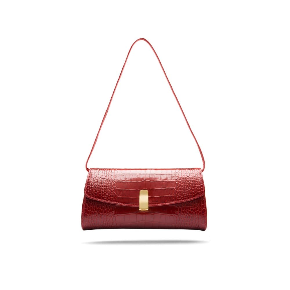 Leather clutch bag, red croc, short strap
