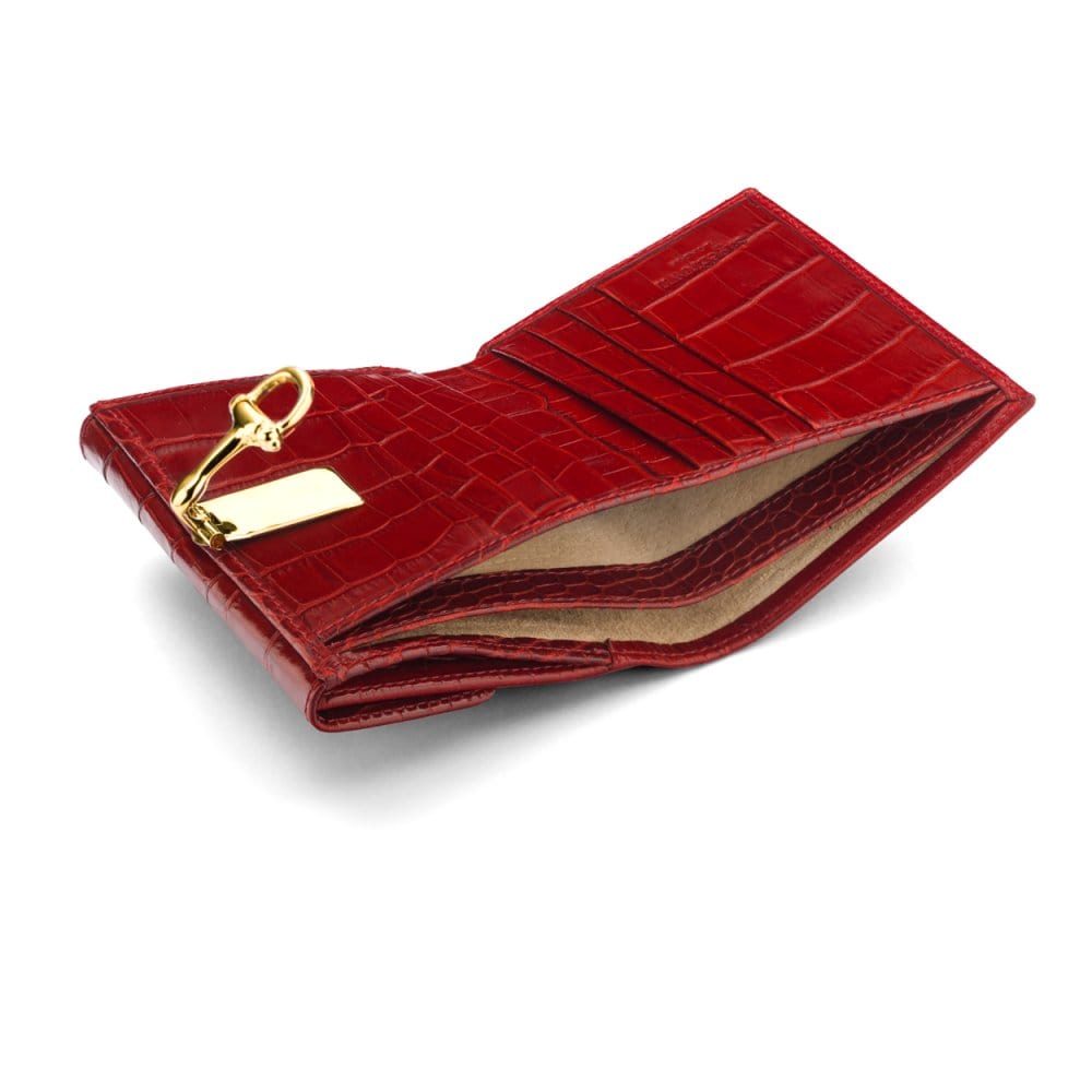 Leather purse with brass clasp, red croc, inside