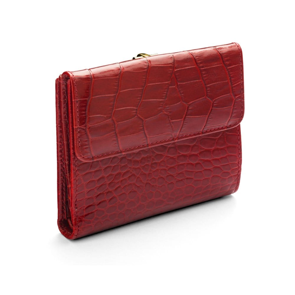 Leather purse with brass clasp, red croc, back