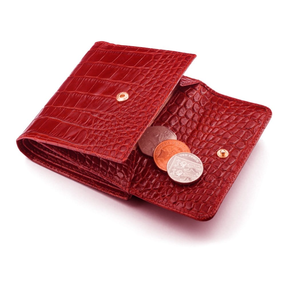 Leather purse with brass clasp, red croc, open