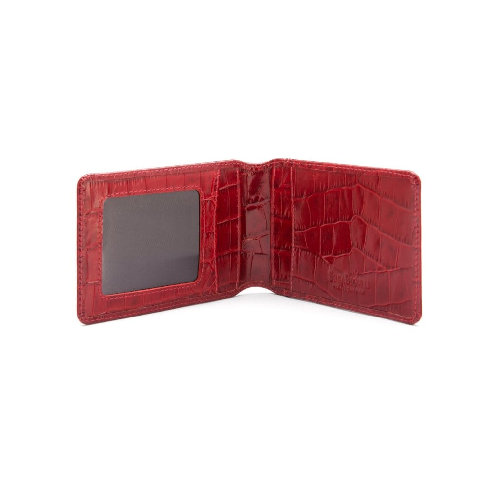 Leather travel card wallet, red croc, open