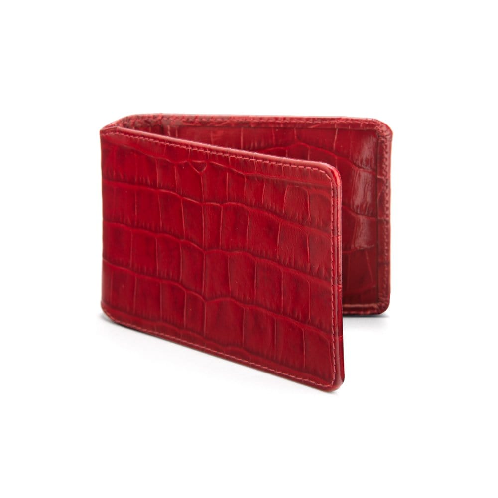 Leather travel card wallet, red croc, front