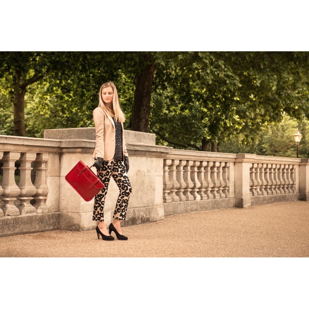 Leather music bag, red croc, lifestyle