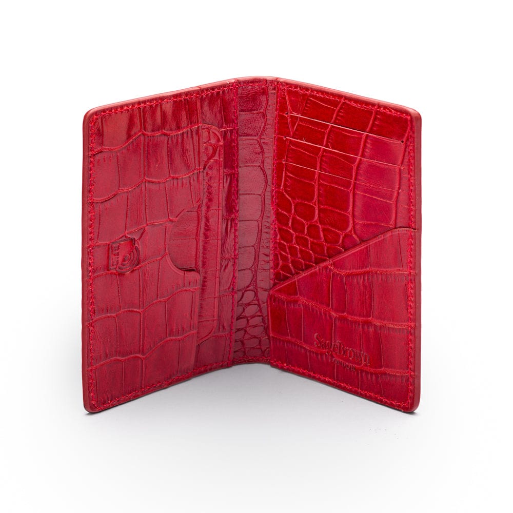 Leather card holder with RFID protection, red croc, open