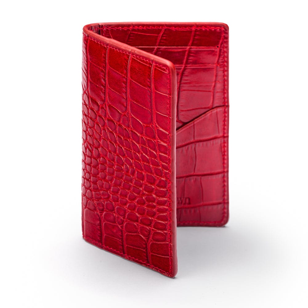 Leather card holder with RFID protection, red croc, front