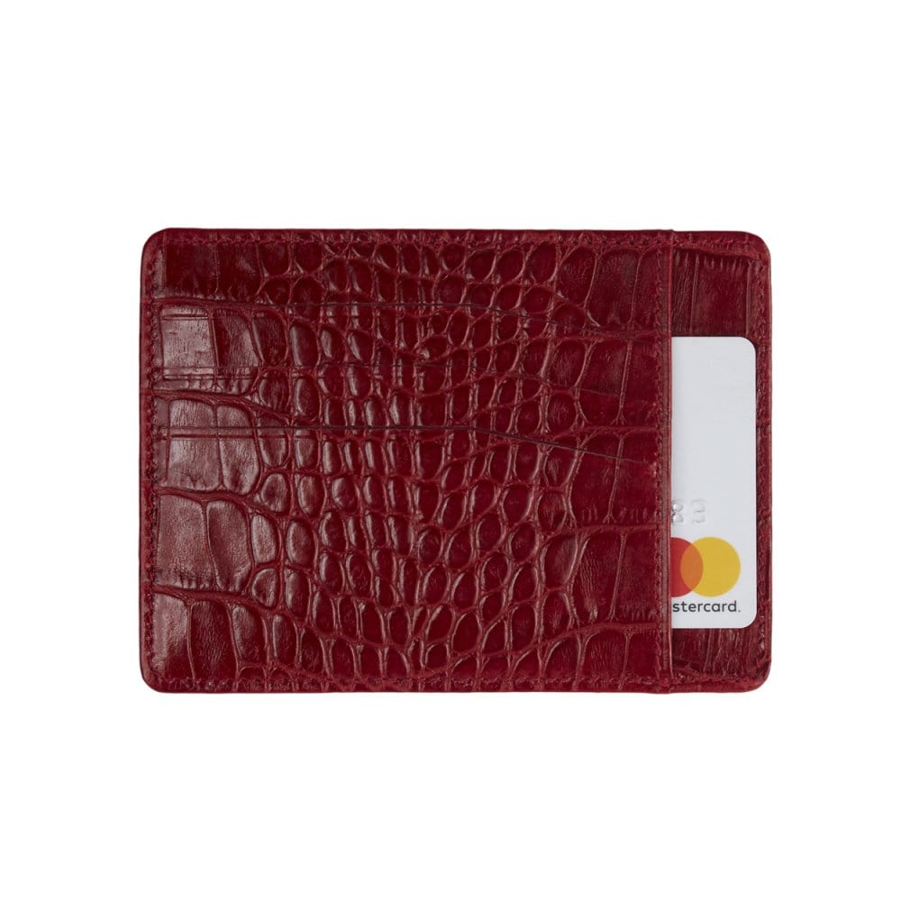 Flat leather credit card holder, red croc, front
