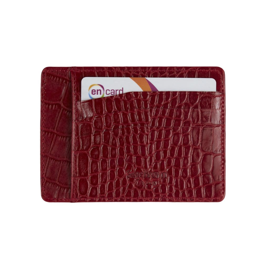 Flat leather credit card holder, red croc, back view