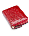 Small leather zip around accordion coin purse, red croc, front