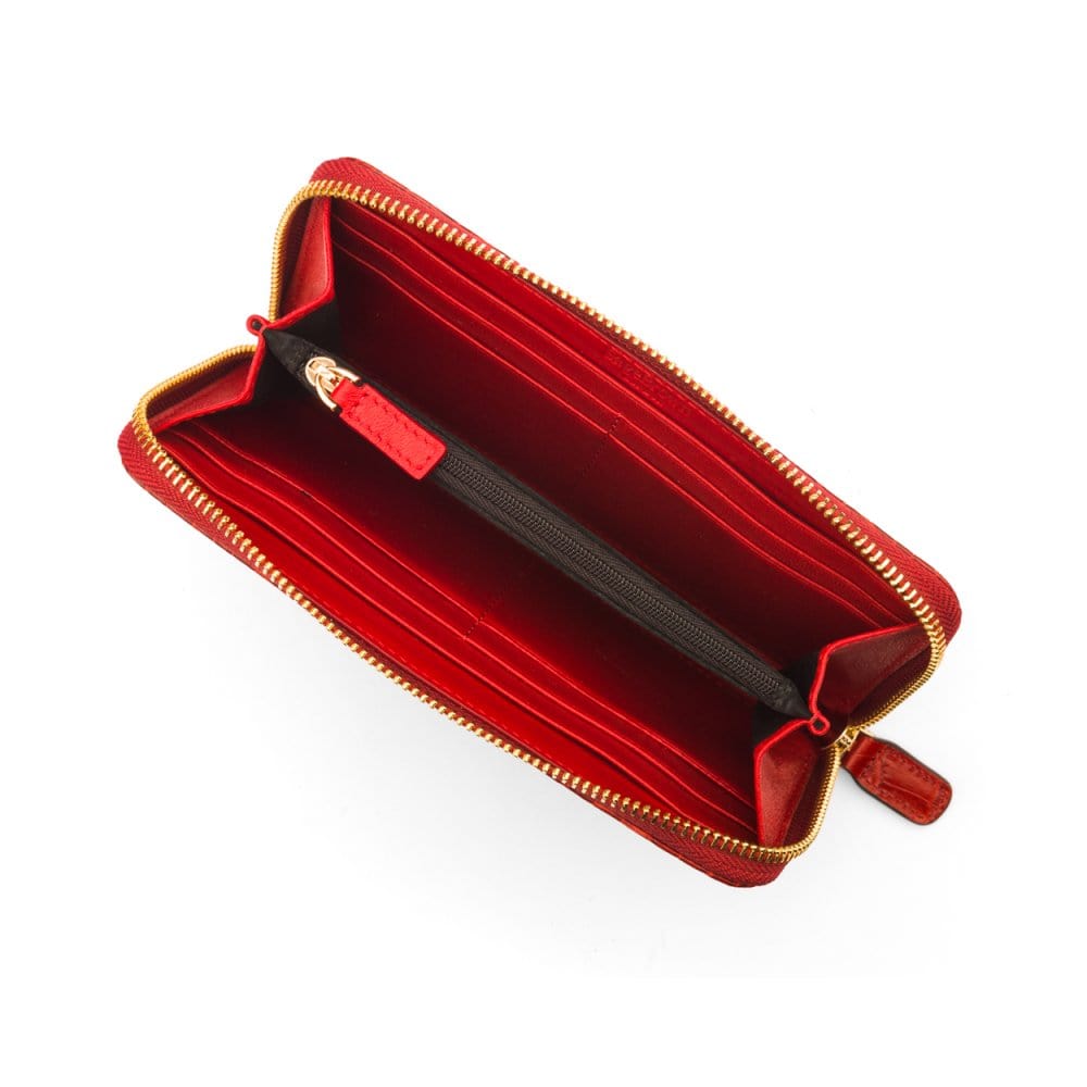 Tall leather zip around accordion purse, red croc, inside