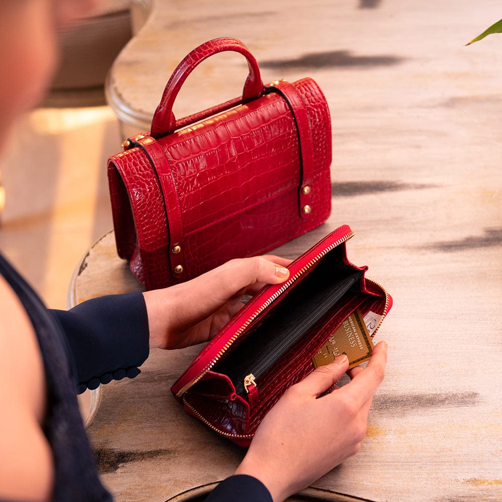 Tall leather zip around accordion purse, red croc, lifestyle