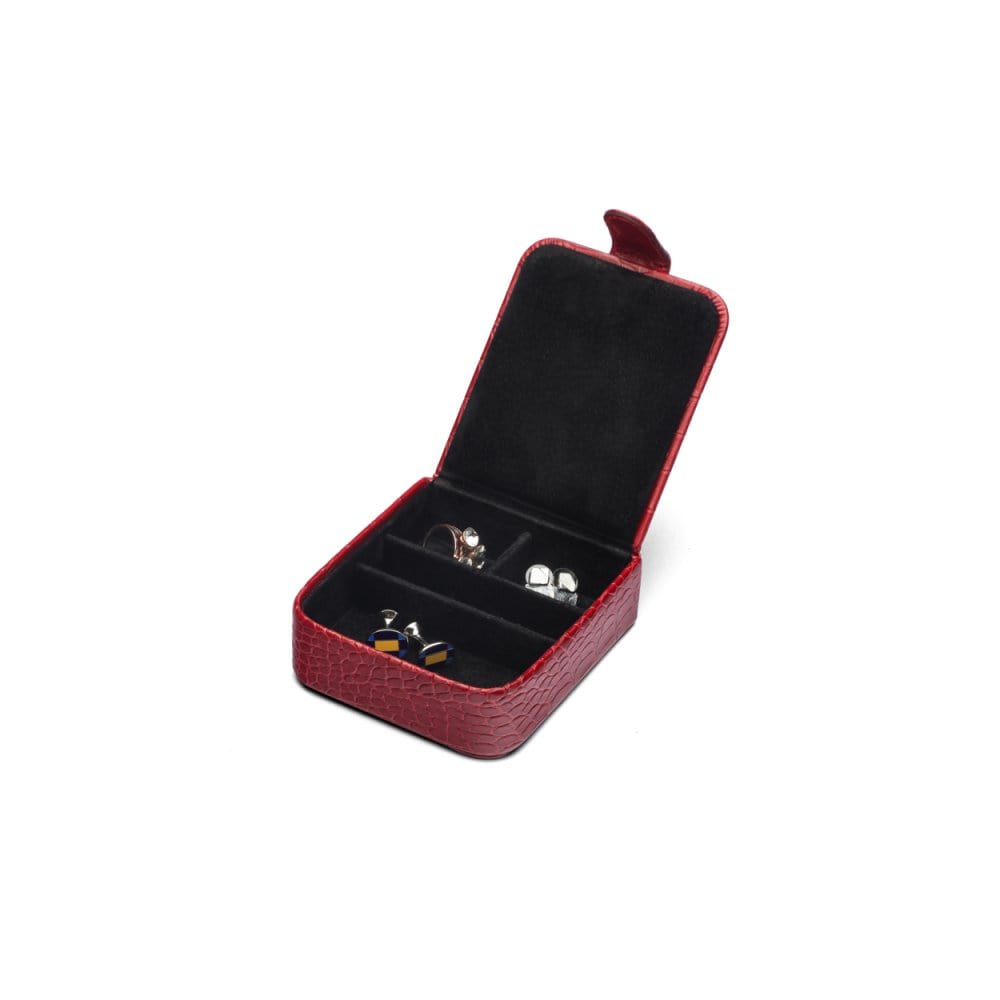 Leather accessory box, red croc, open