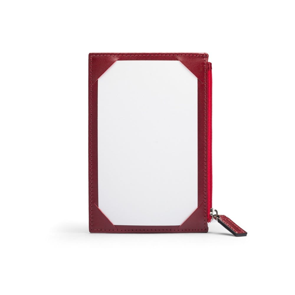 Flat leather card wallet with jotter and zip, red, front