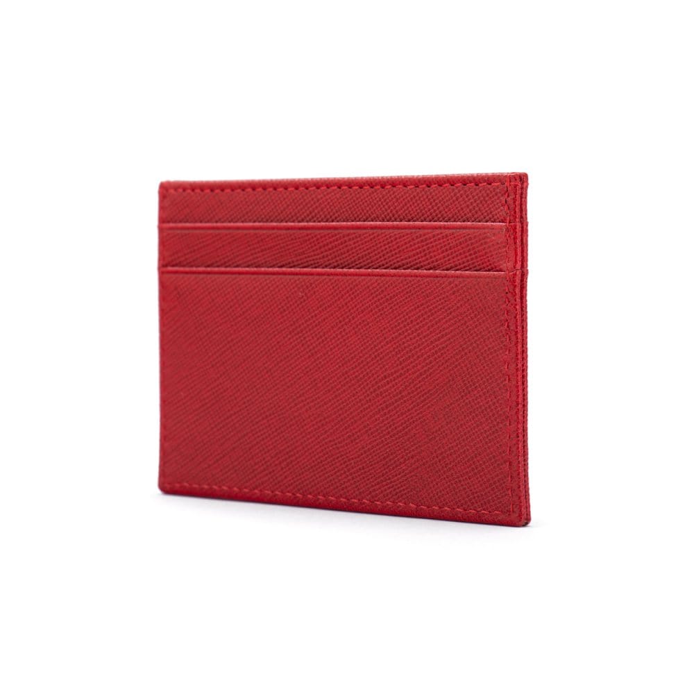 Flat leather credit card wallet 4 CC, red saffiano, side