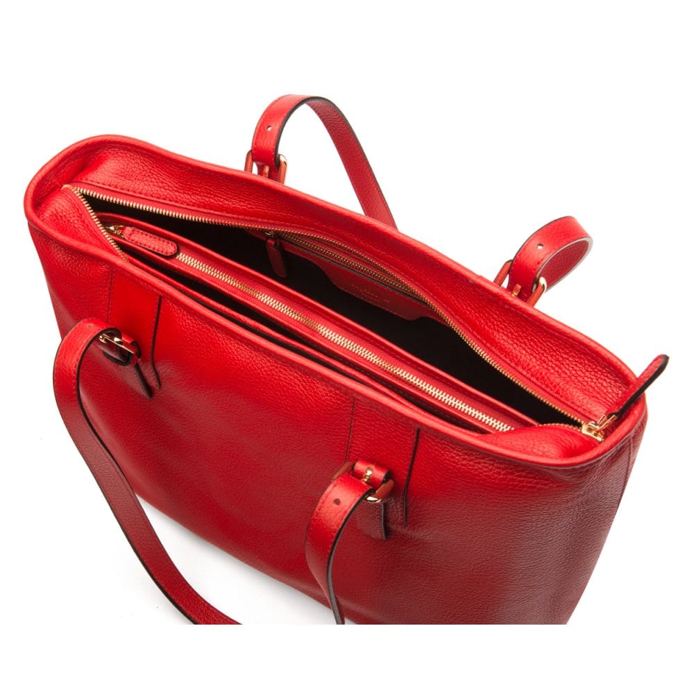 Women's leather 13" laptop workbag, red, open