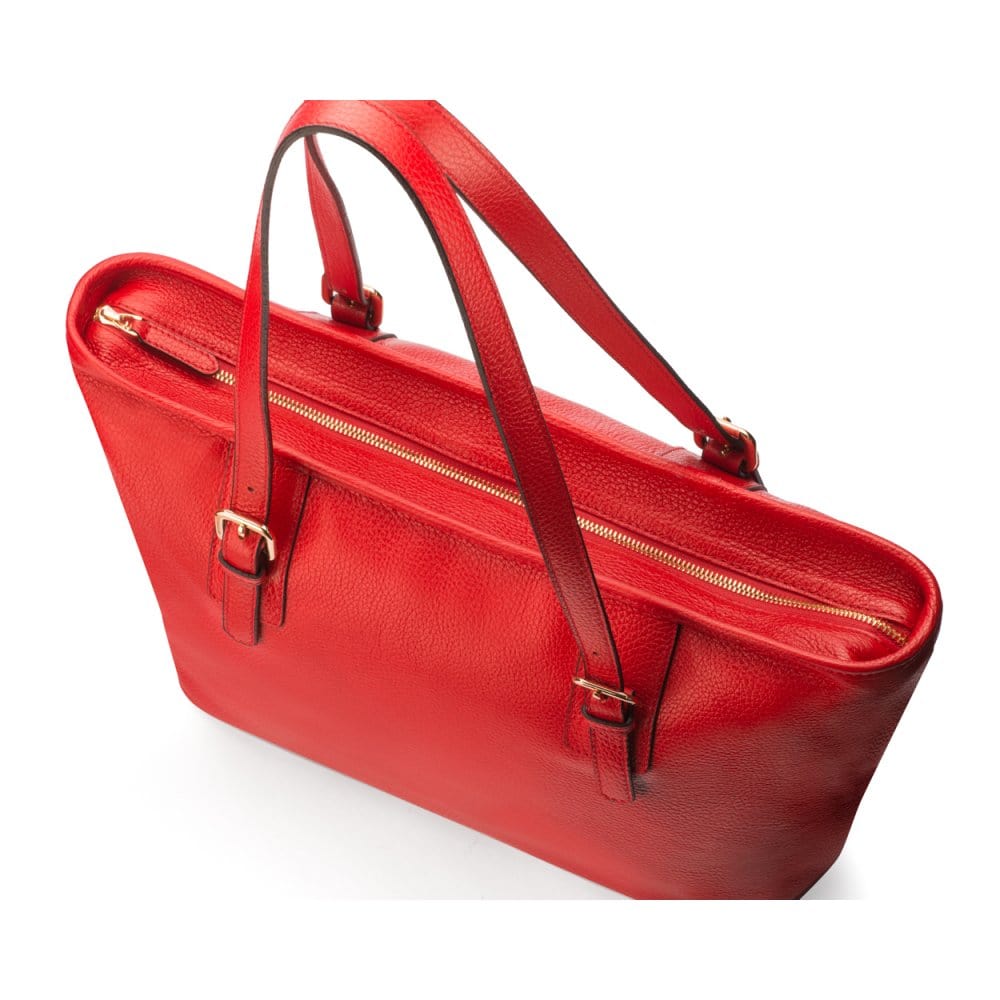 Women's leather 13" laptop workbag, red, zip closure