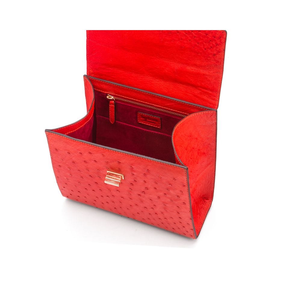 Real ostrich top handle bag, red, inside view