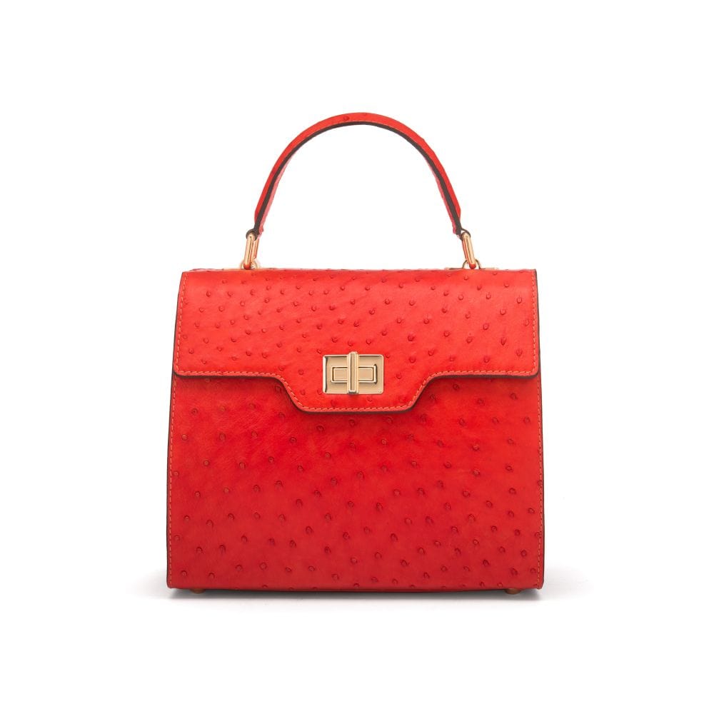 Genuine ostrich top handle bag, red, front view
