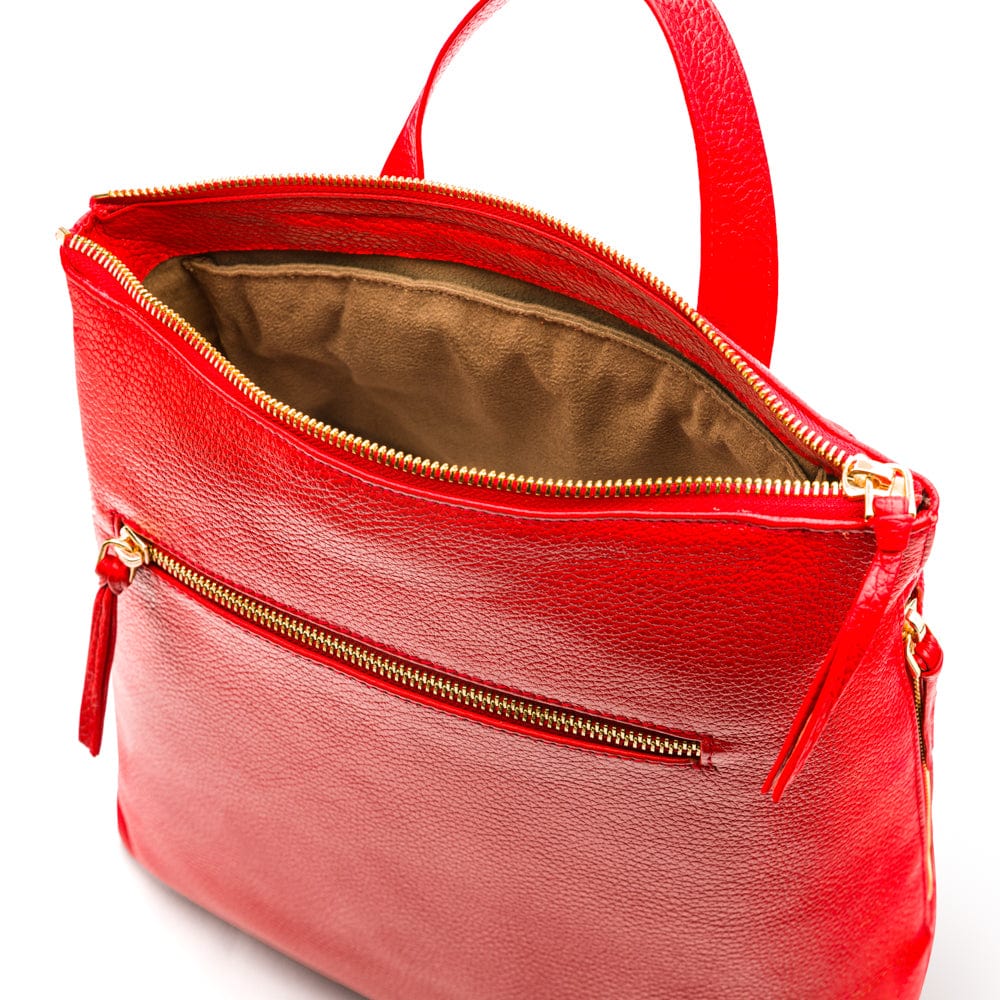 Leather 13" laptop backpack, red, inside view