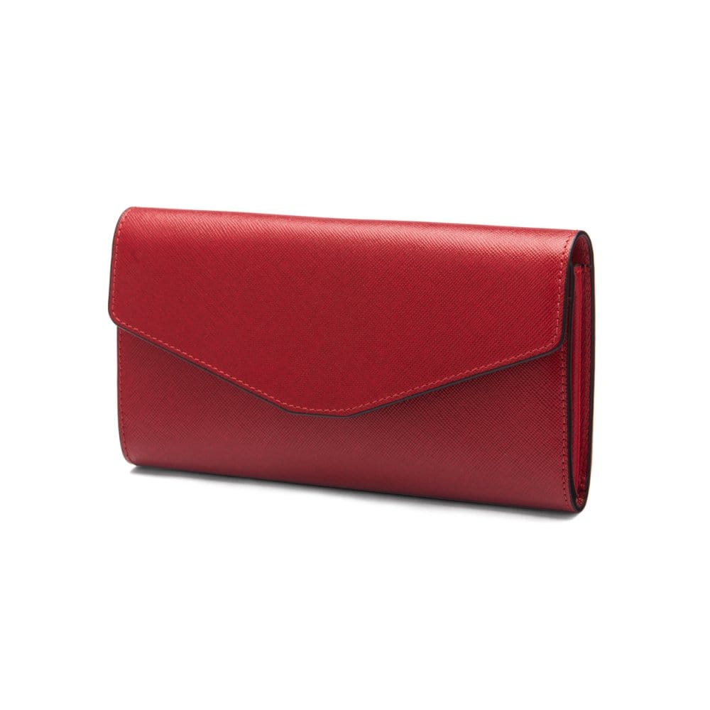 Leather accordion clutch purse with 12 card slots, red saffiano, front