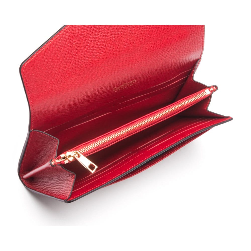 Leather accordion clutch purse with 12 card slots, red saffiano, inside
