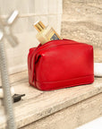 Leather wash bag, red, lifestyle view