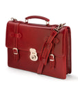 Leather Cambridge satchel briefcase with silver brass lock, red, side