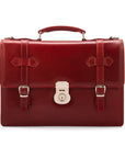Leather Cambridge satchel briefcase with silver brass lock, red, front