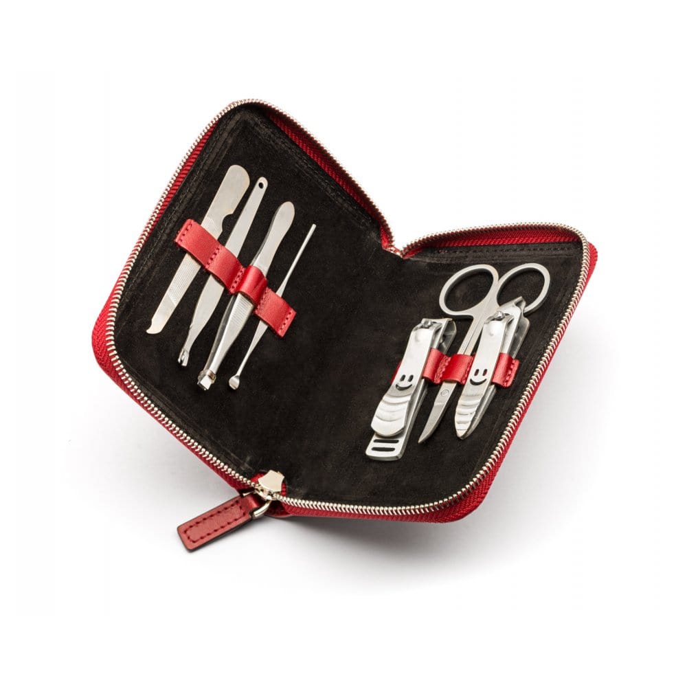 Leather zip around 7 piece manicure set, red, inside