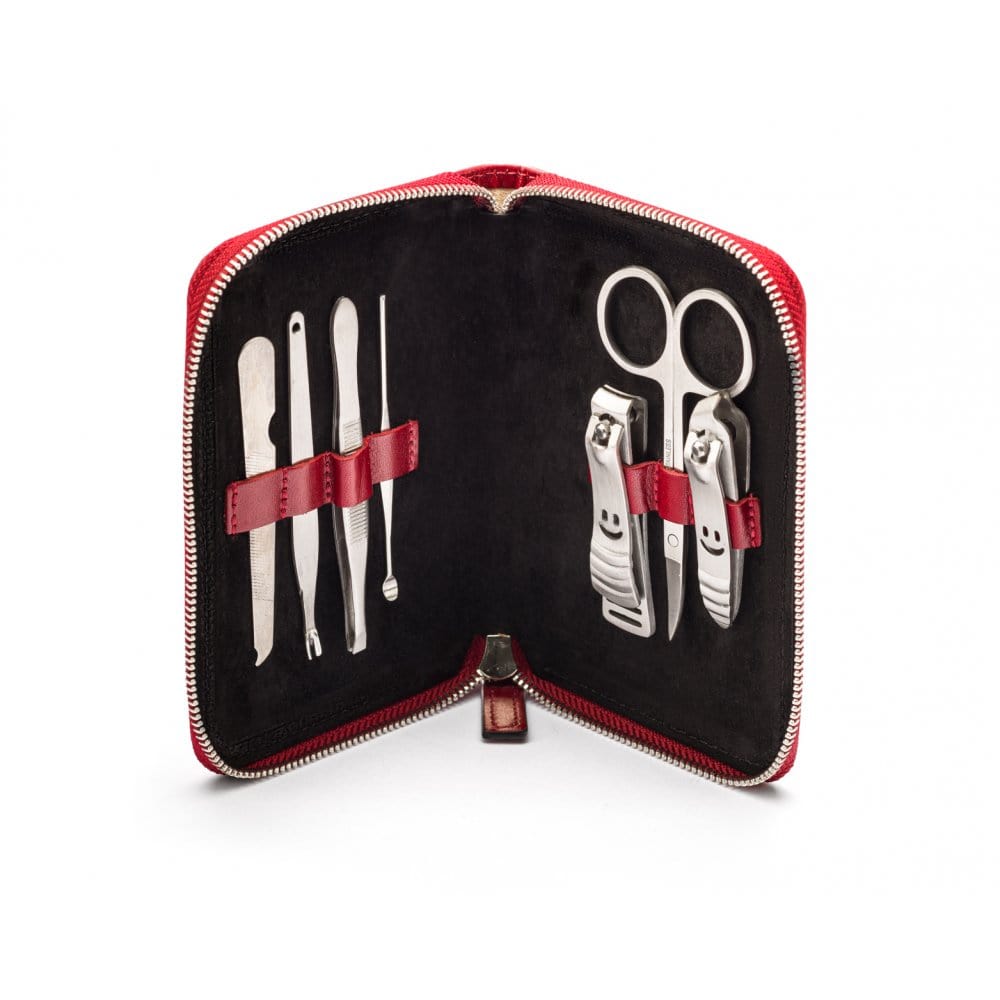 Leather zip around 7 piece manicure set, red,, open