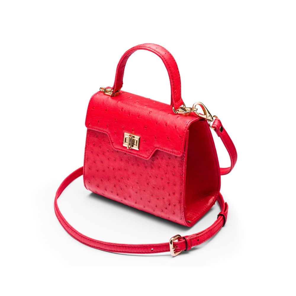 Mini ostrich leather Morgan Bag, top handle bag, red, side view