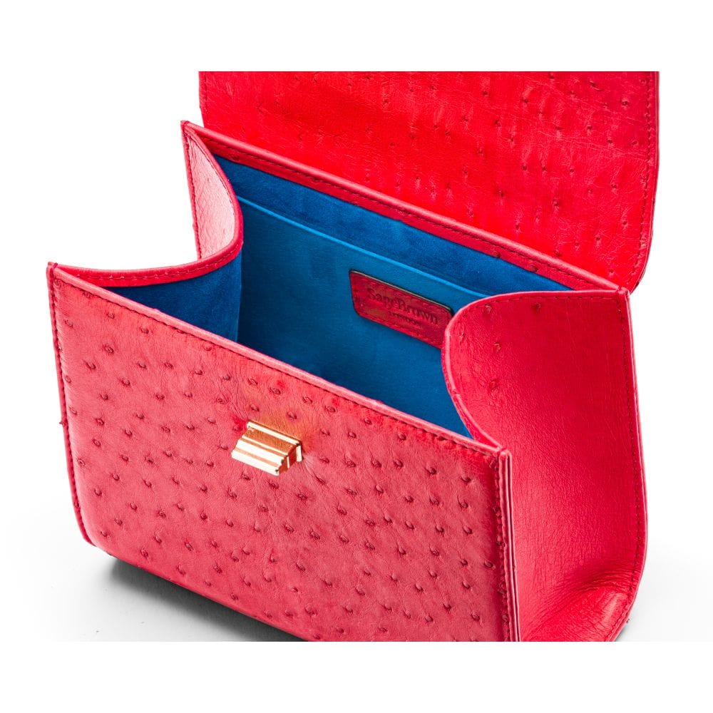Mini ostrich leather Morgan Bag, top handle bag, red, inside