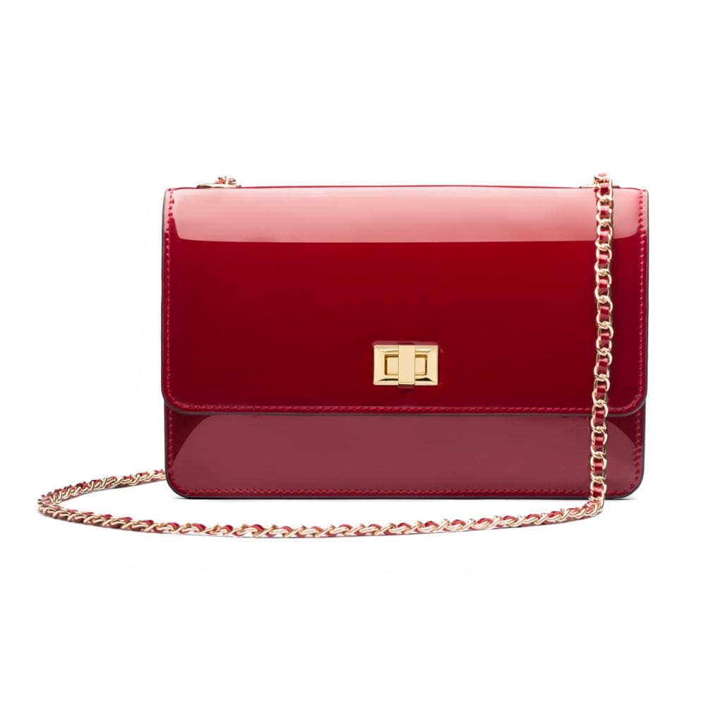 Leather chain bag, red patent, front view
