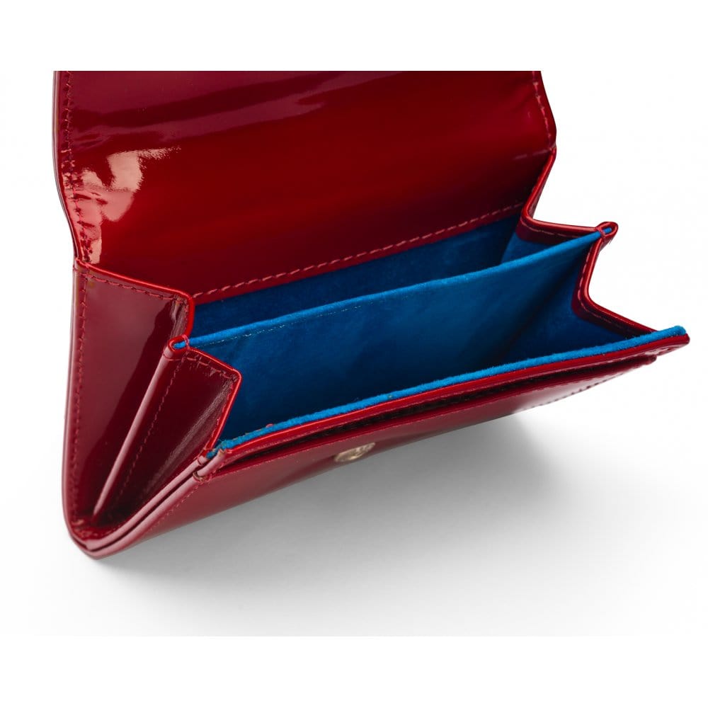 Small leather concertina purse, red patent, open