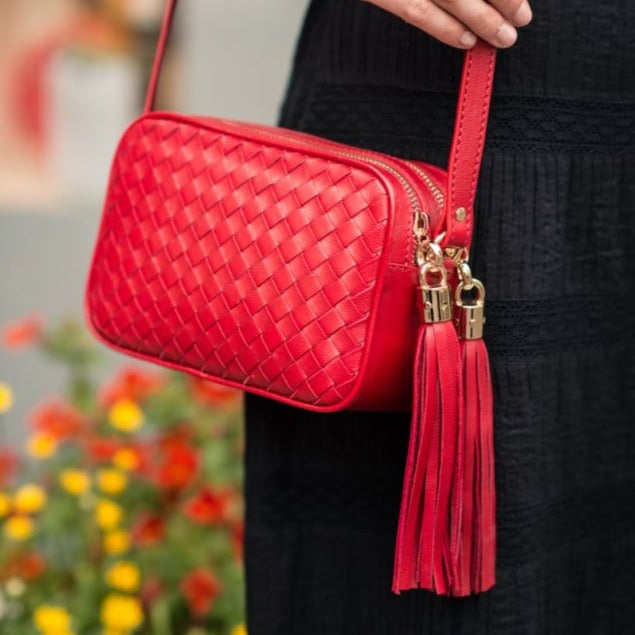 Woven leather camera bag, red, lifestyle