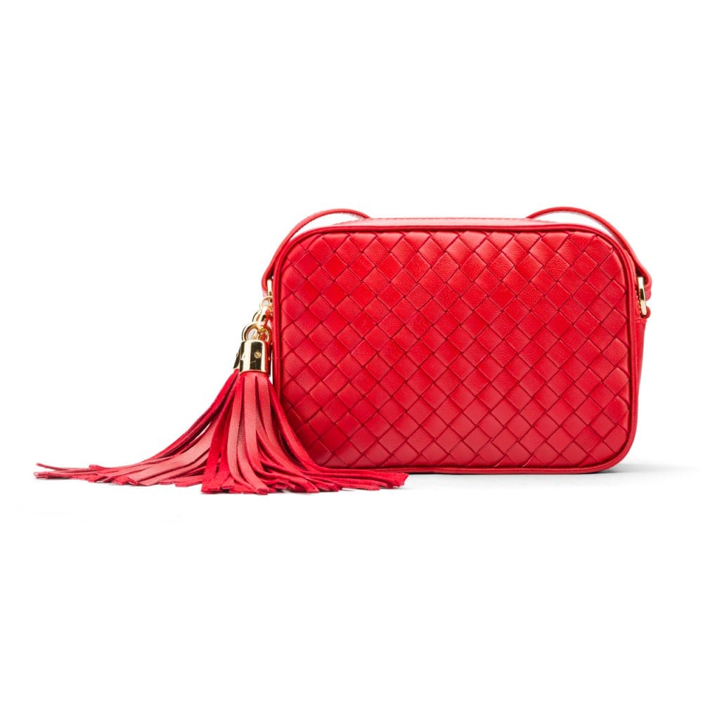 Woven leather camera bag, red, front