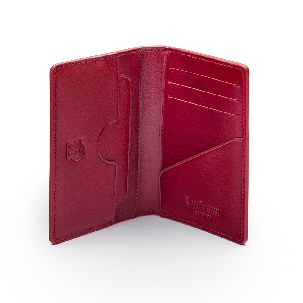 Leather card holder with RFID protection, red, open