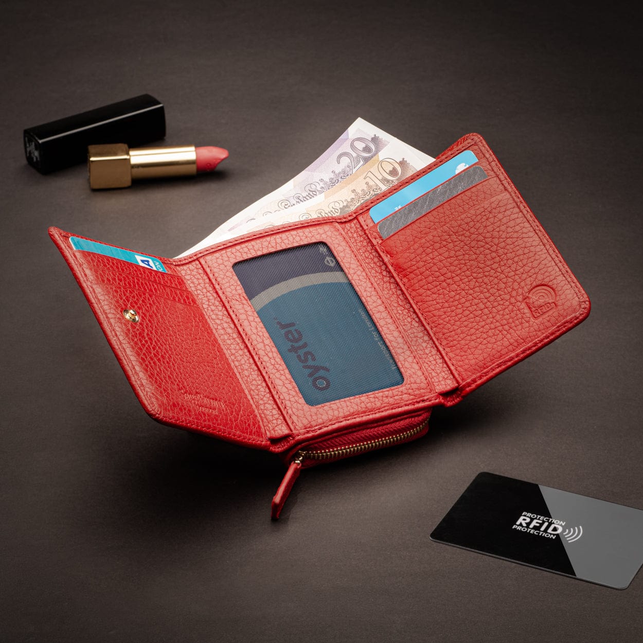 RFID blocking leather tri-fold purse, red, lifestyle
