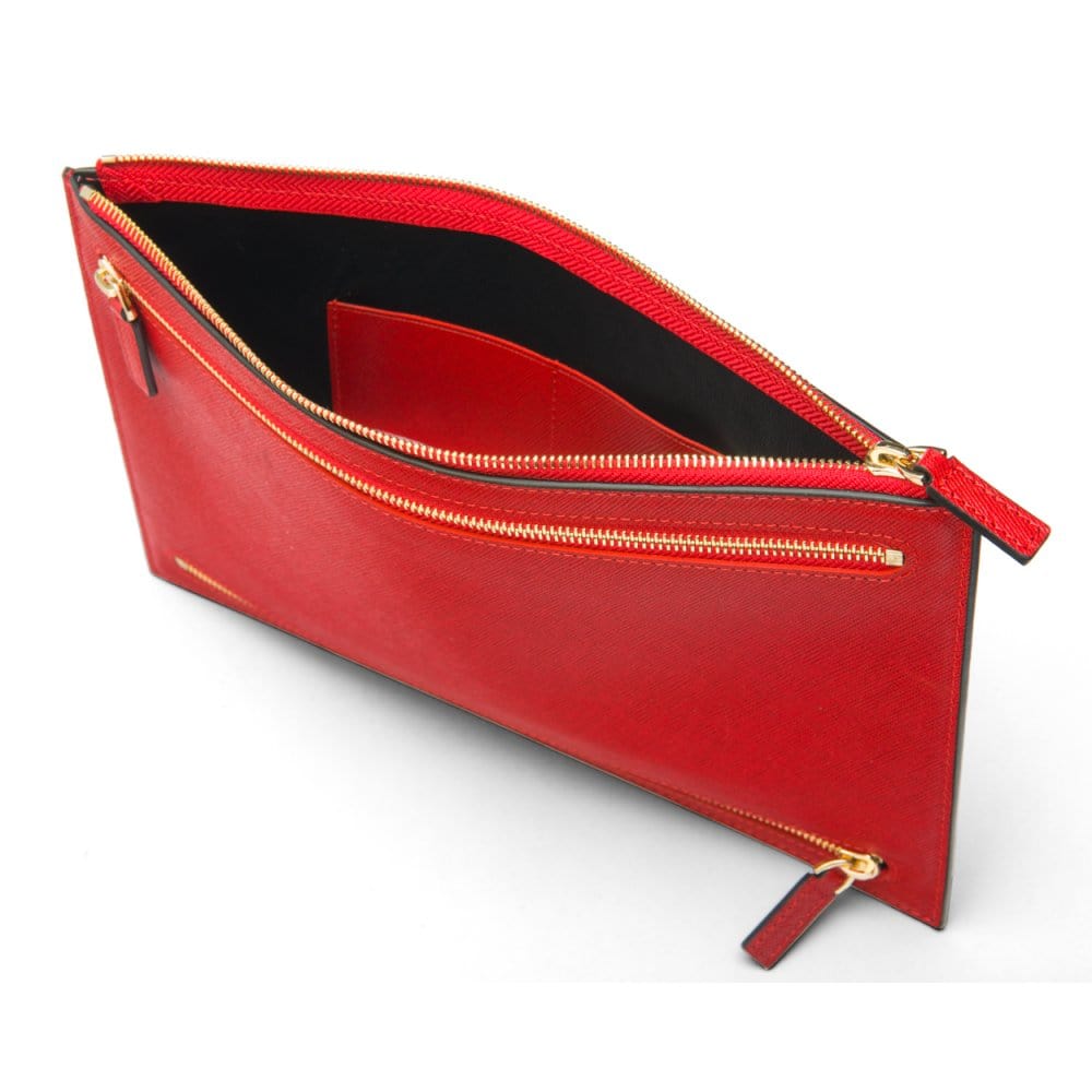 Leather travel document and currency case, red, inside