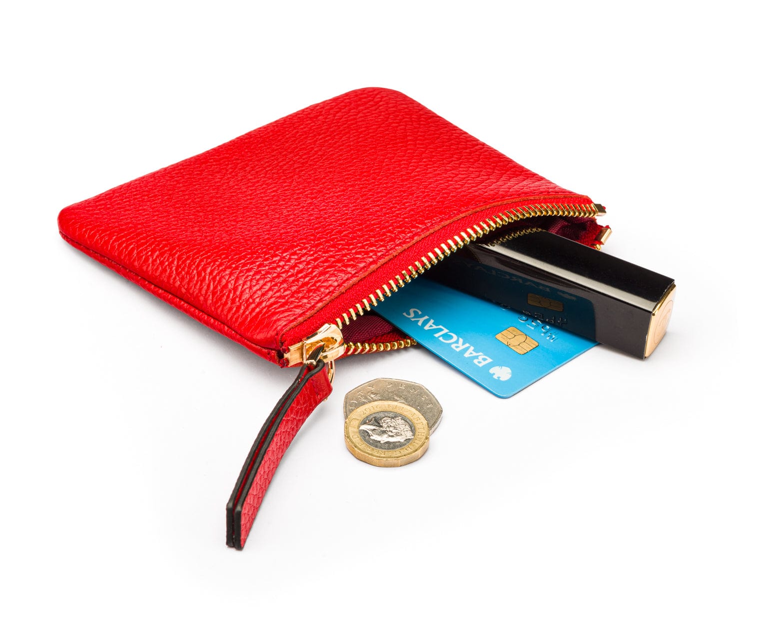 Small leather makeup bag, red, inside view