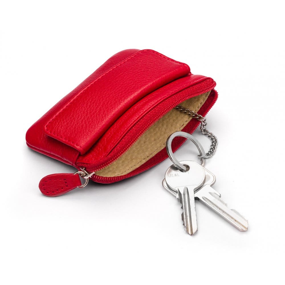 Small leather zip coin purse, red, inside