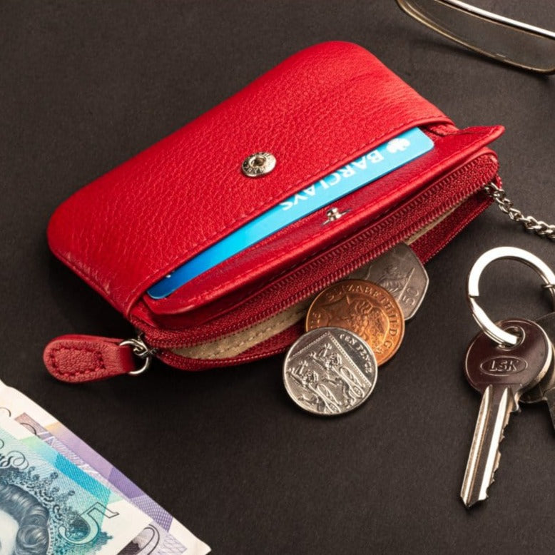 Small leather zip coin purse, red, lifestyle